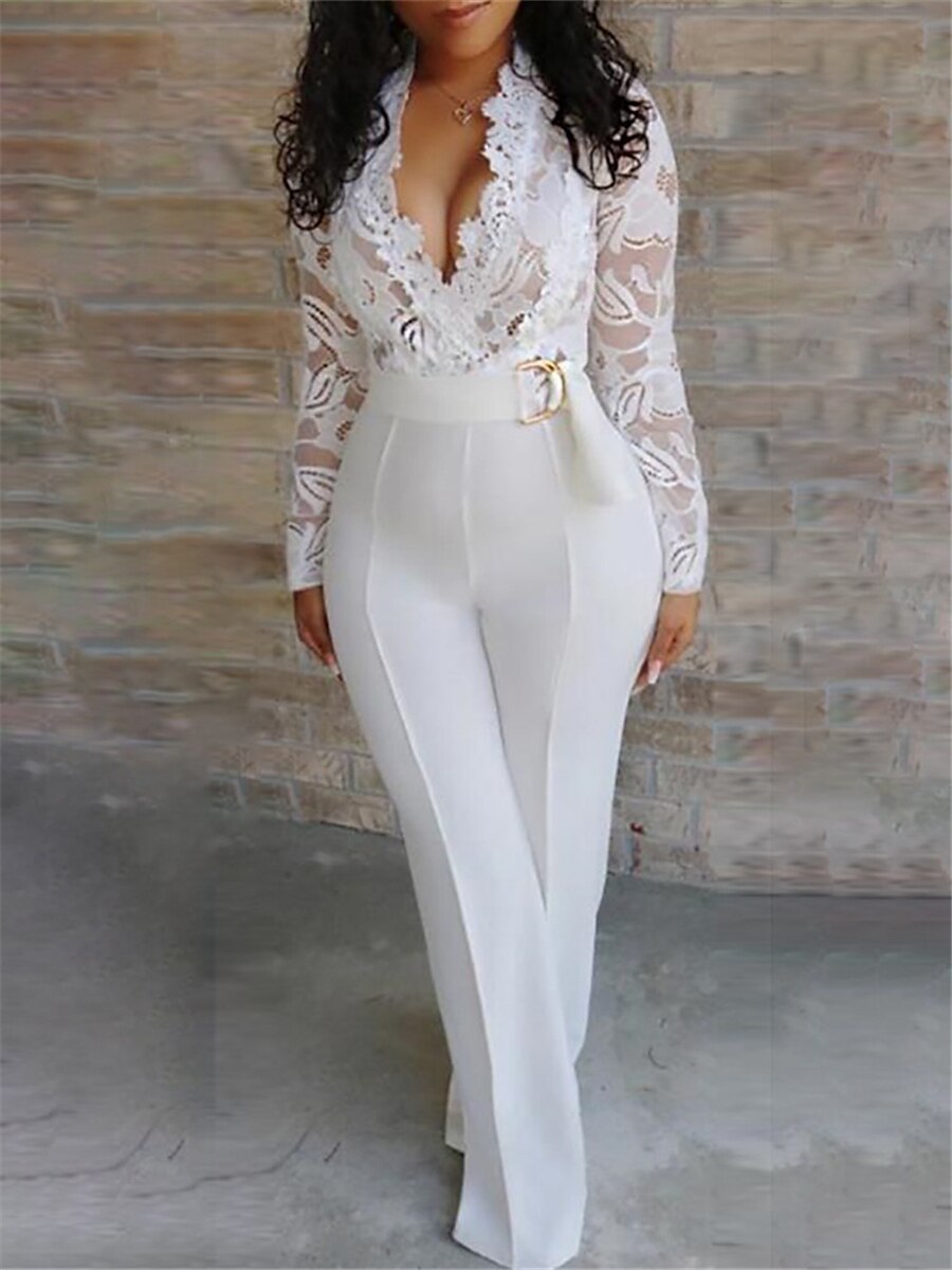 Shepicker Lace High Waist Solid Color V Neck Long Sleeve Party Jumpsuit