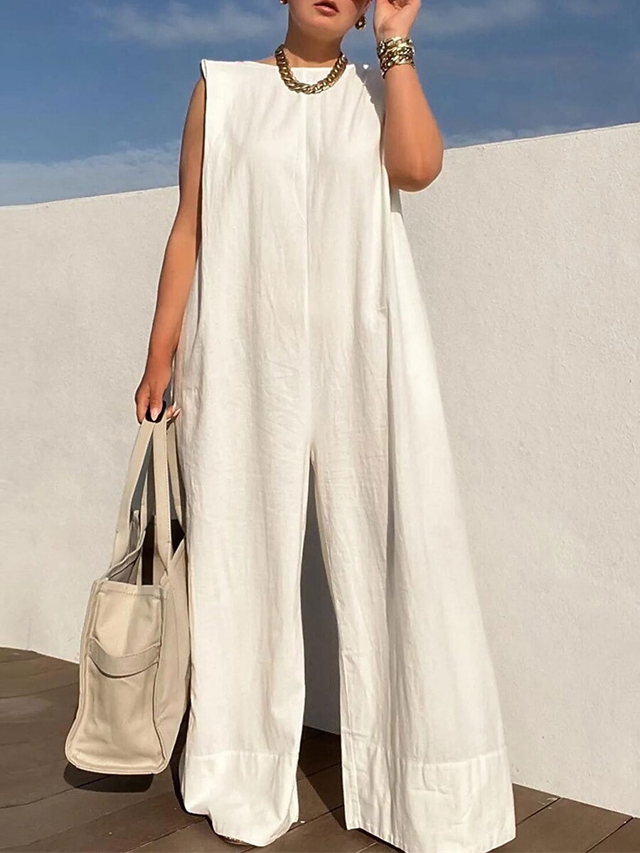 Shepicker High Waist Solid Color Crew Neck Sleeveless Jumpsuit