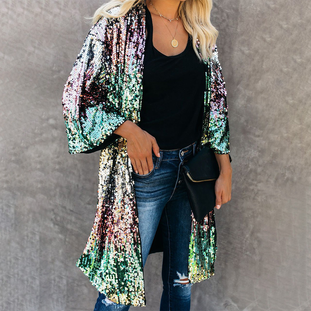 Casual Trumpet Sleeve Sequined Jacket
