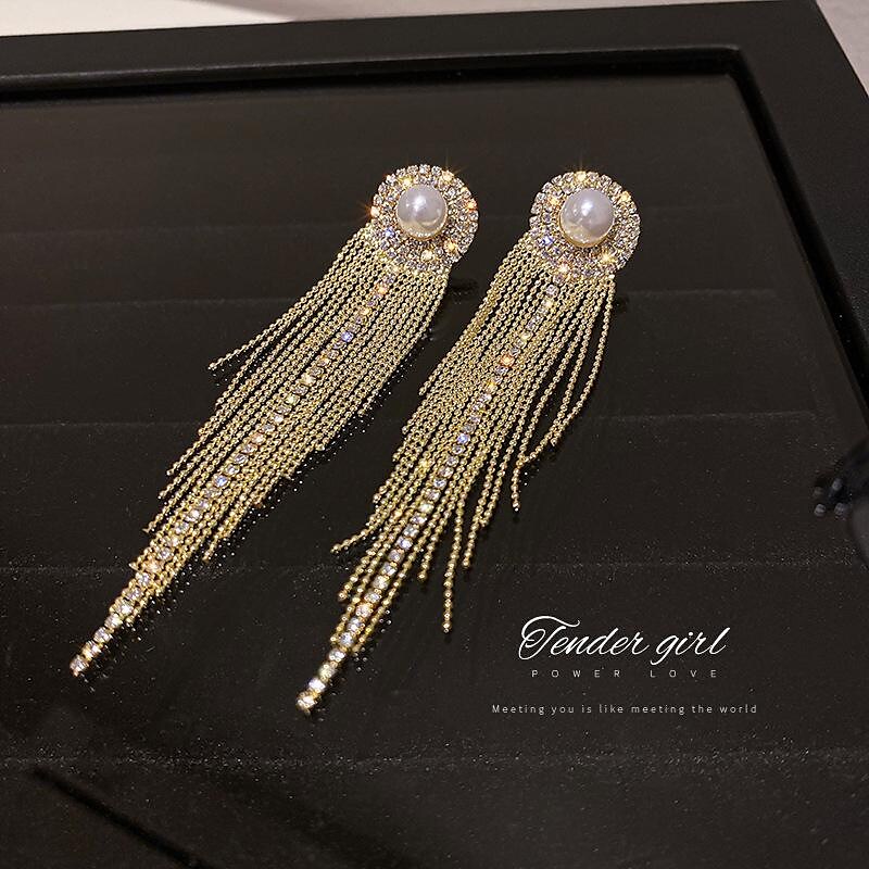 Shepicker Long Tassel Pearl And Diamond Earrings Elegant Ladies