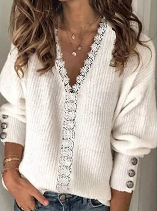Women's Pullover Sweater Jumper Knitted Lace Trims Button Solid Color 