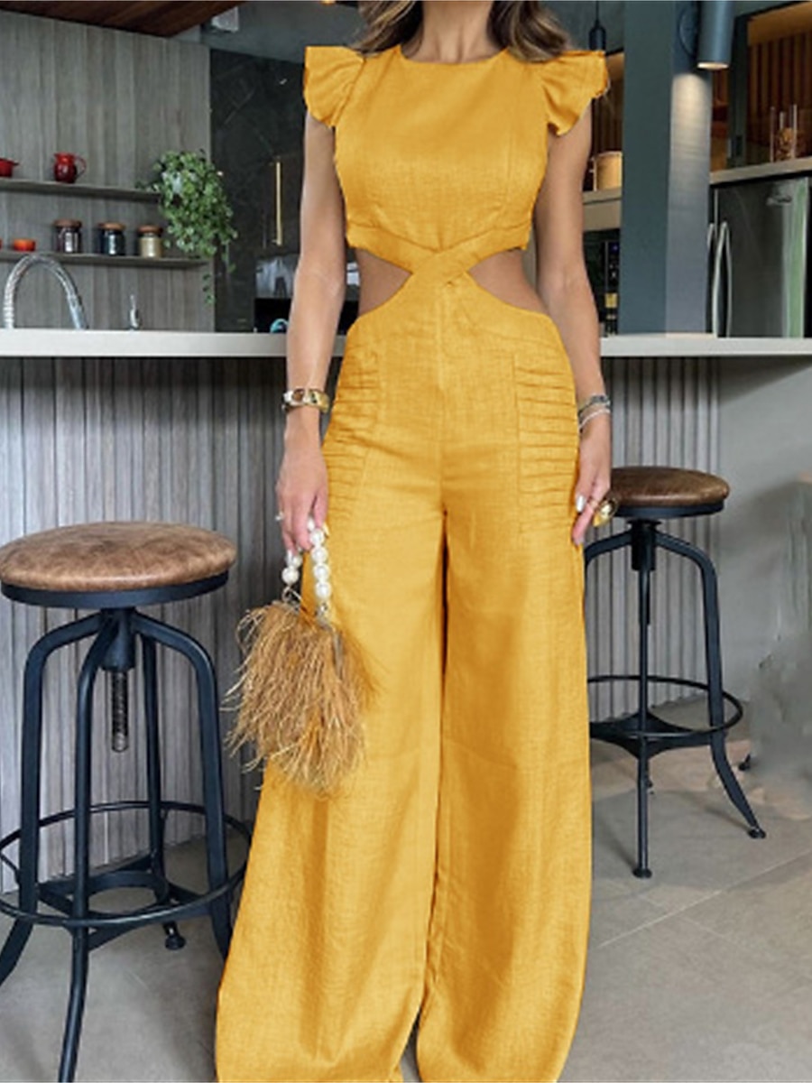 Shepicker Cut Out Solid Color Crew Neck Sleeveless Jumpsuit