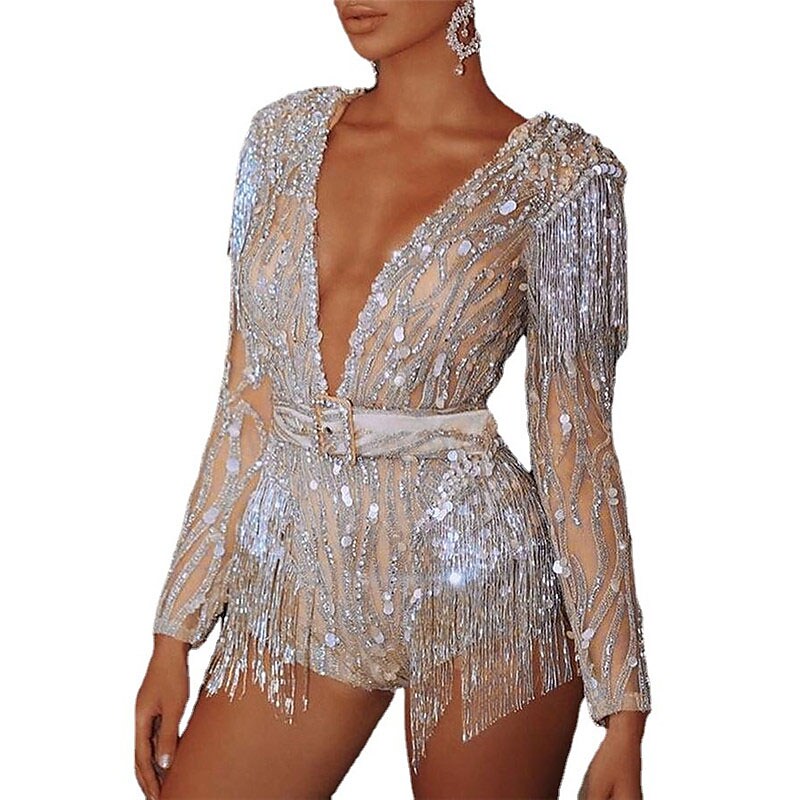 Shepicker High Waist Tassel Solid Color Deep V Sexy Party Romper