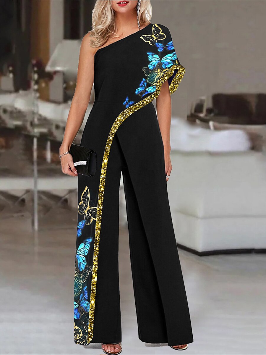 Shepicker High Waist Print Butterfly One Shoulder Elegant Party Prom Jumpsuit