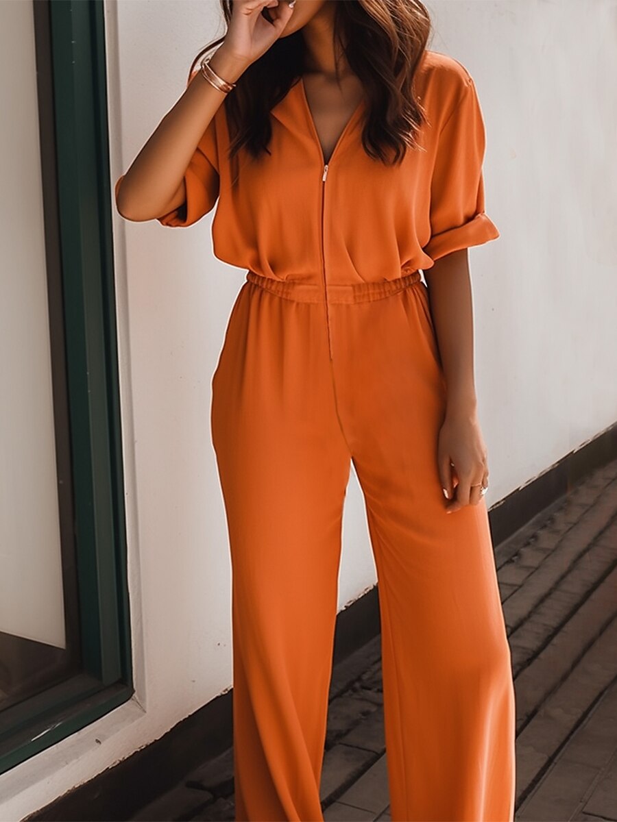 Shepicker Drawstring Solid Color Crew Neck Elbow Sleeve Jumpsuit
