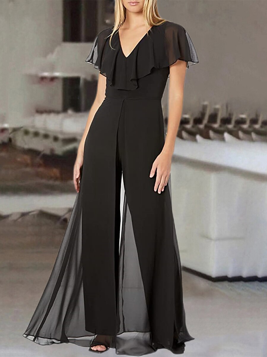 Shepicker With Chiffon Overlay Solid Color V Neck Party Jumpsuit
