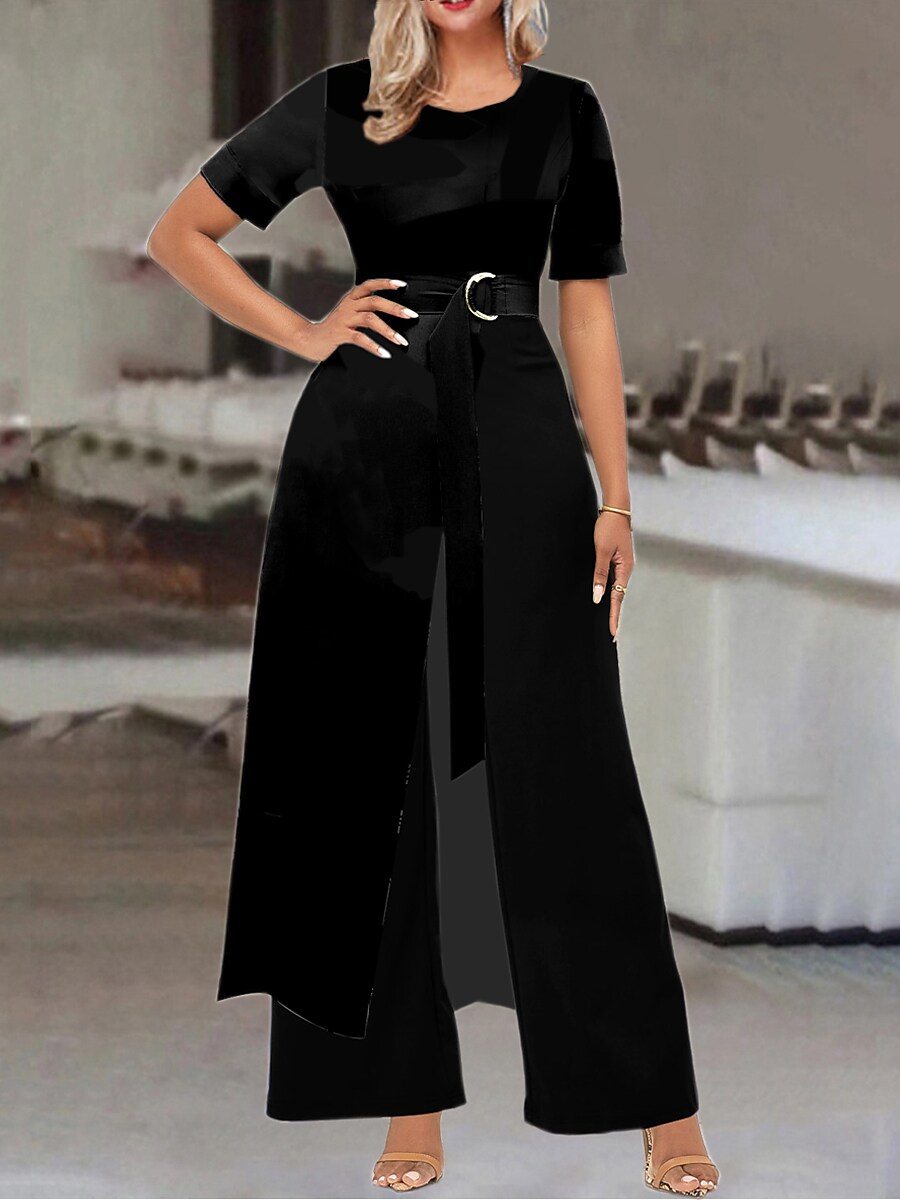 Shepicker Elegant Patchwork Solid Color Crew Neck Party OL Jumpsuit