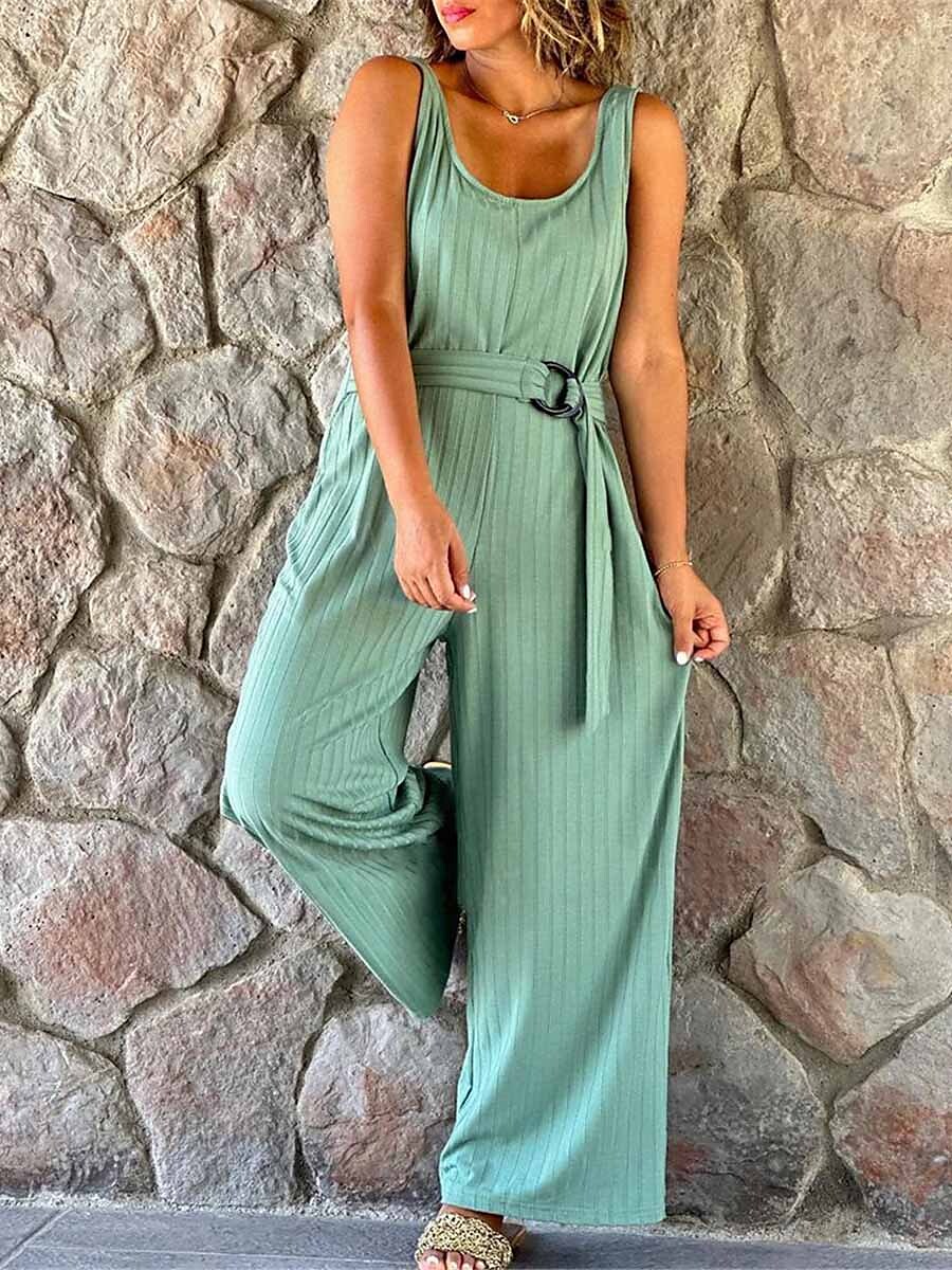 Shepicker Belted Solid Color U Neck Basic Street Daily Sleeveless Jumpsuit