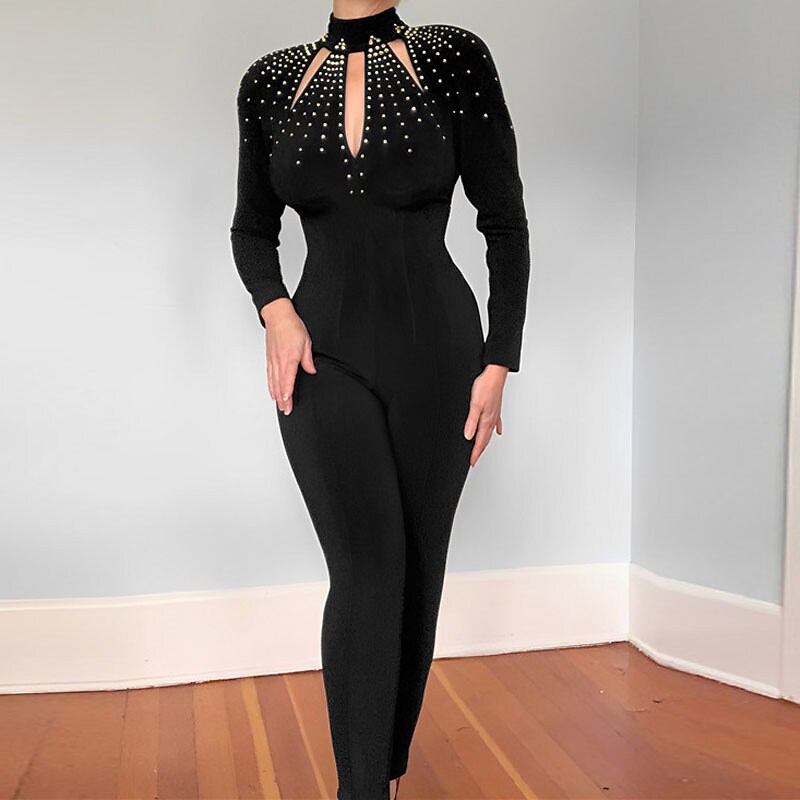 ShepLong Sleeve Jumpsuit Backless High Waist Solid Color Stand Collar