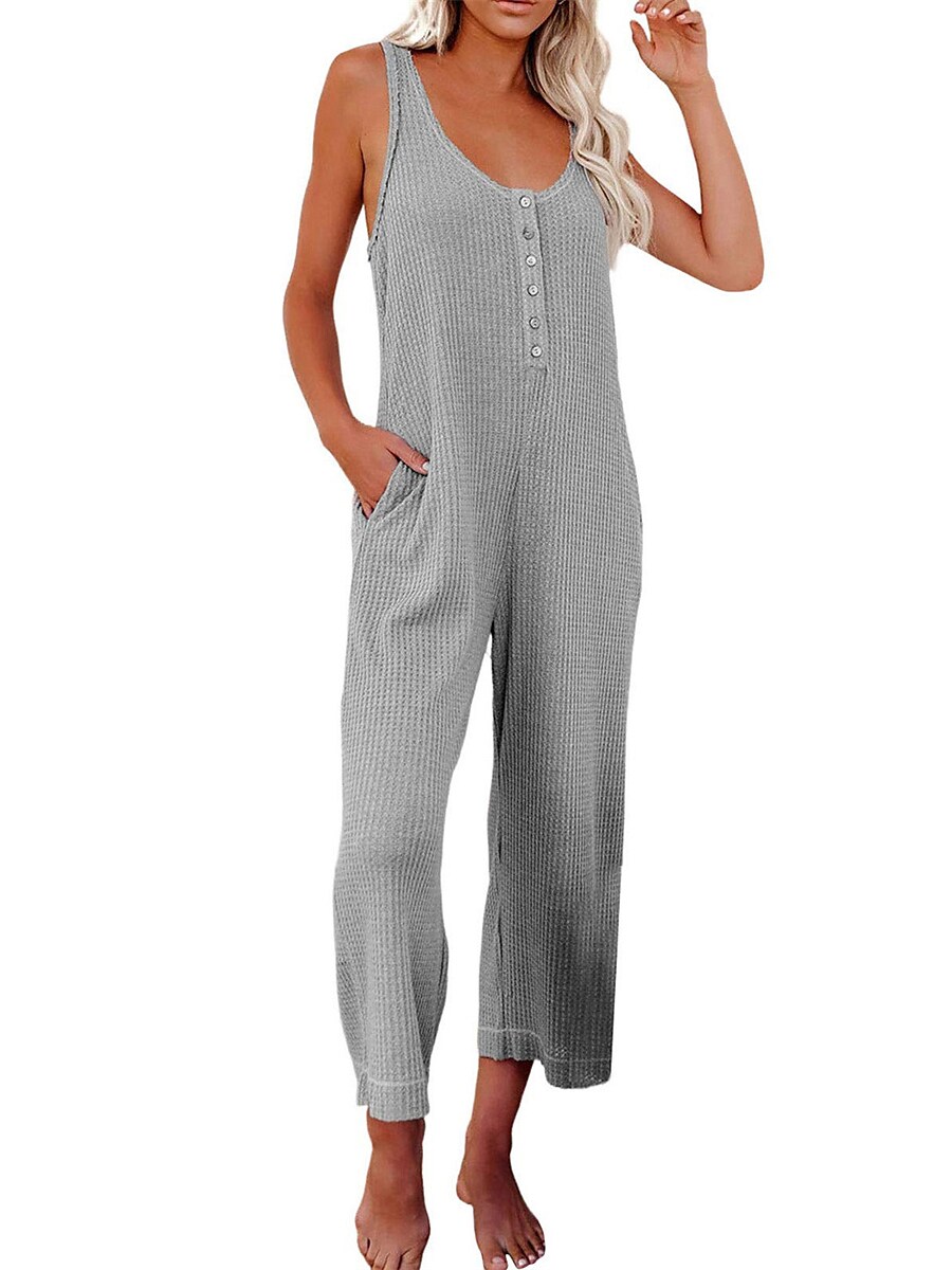 Shepicker Women's Button Sleeveless Home Jumpsuit with Pocket
