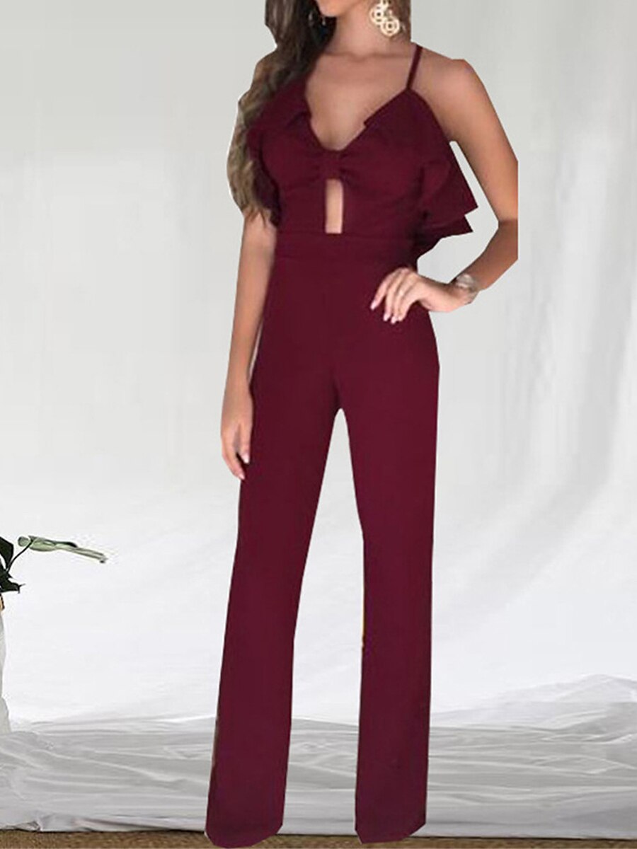Shepicker Ruffle Backless Solid Color V Neck Party Jumpsuit