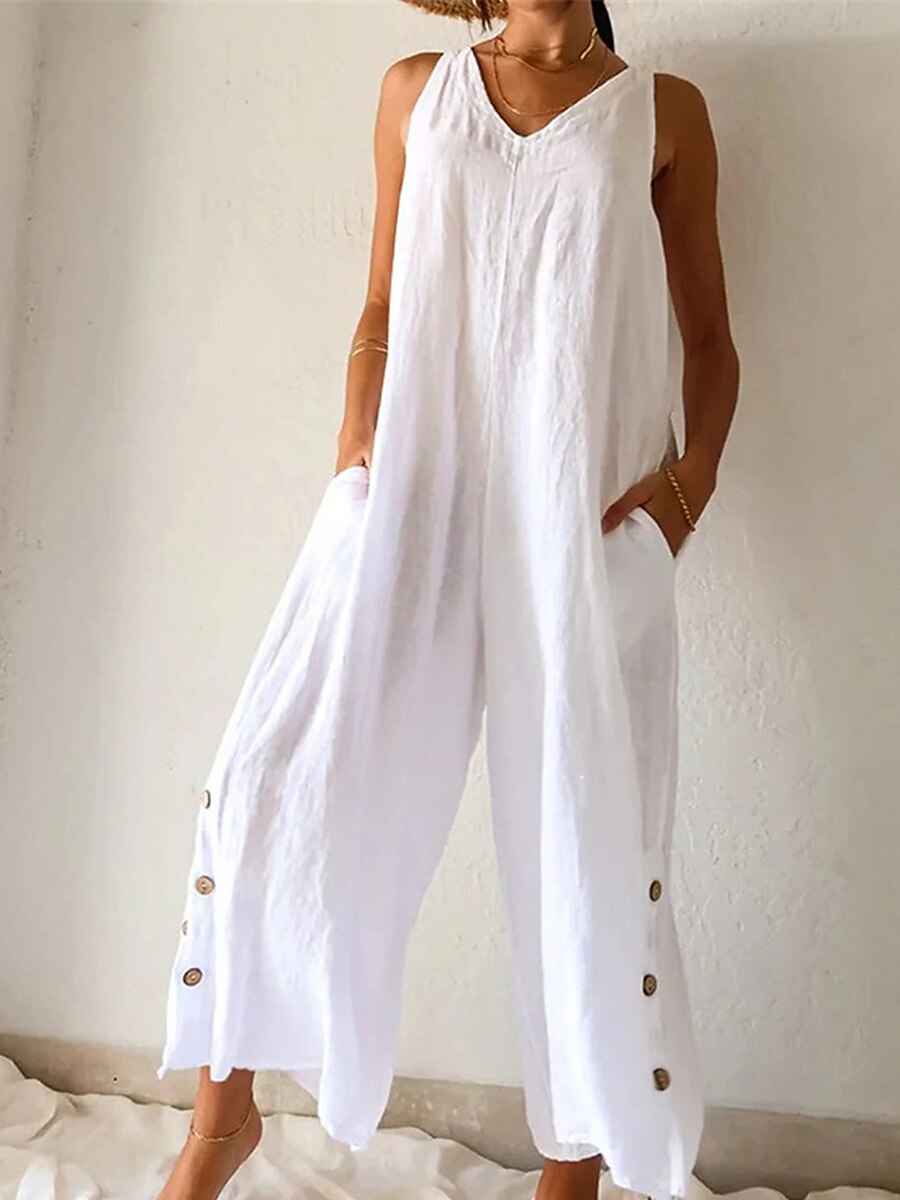 Shepicker Button Street Daily Sleeveless White Jumpsuit with Pocket 