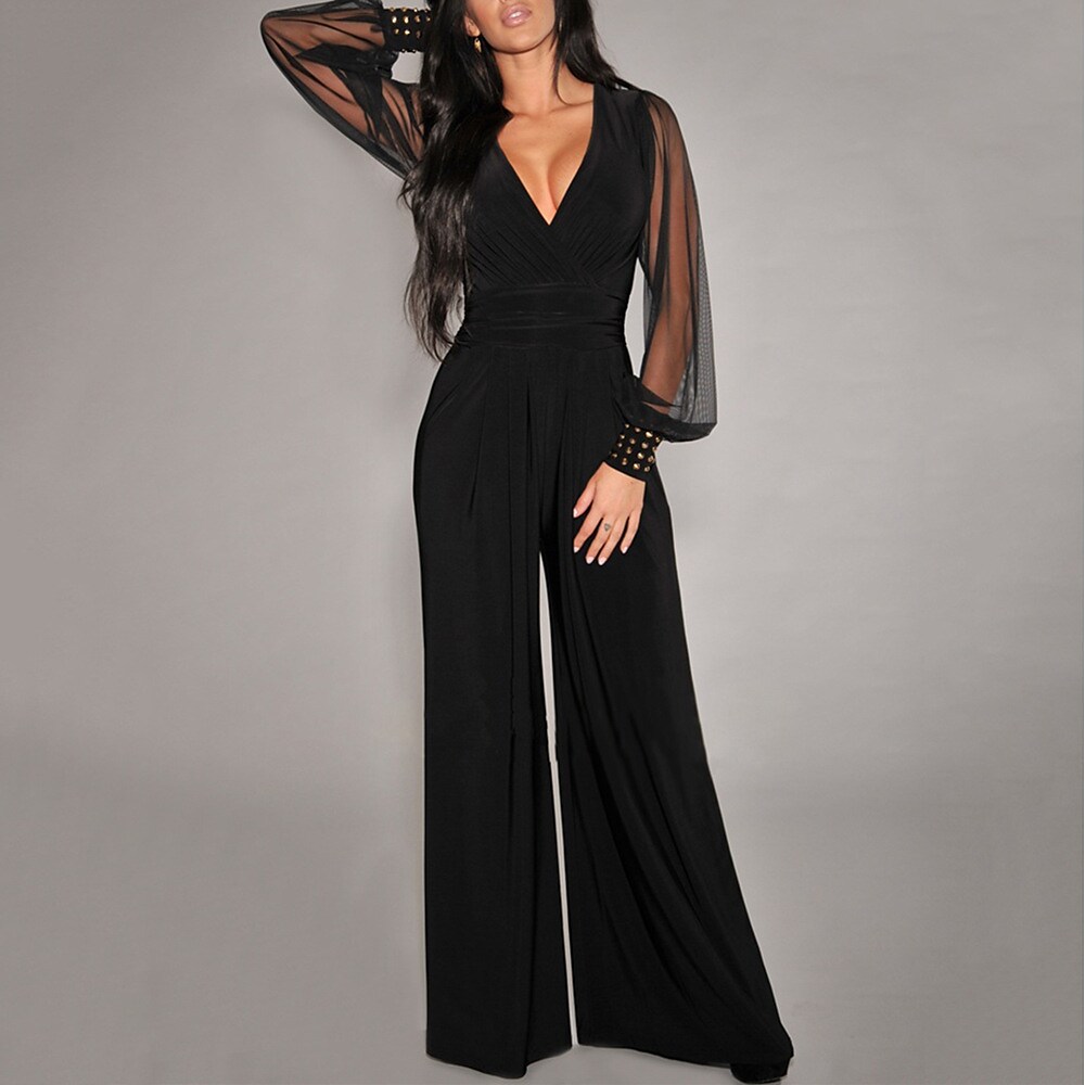 Women's Long Sleeve Party Jumpsuit High Waist Mesh Solid Color V Neck