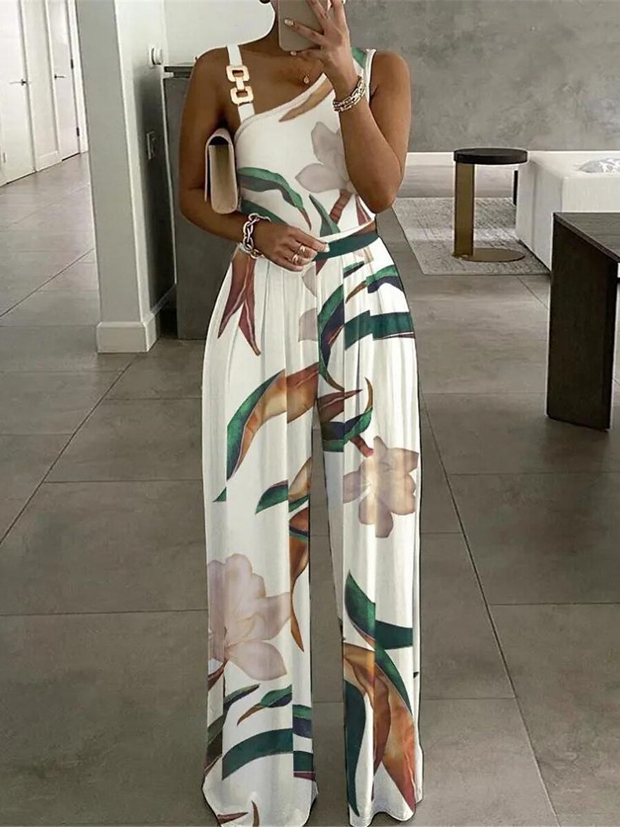 Shepicker High Waist Print Floral Party Sleeveless White  Jumpsuit for Women