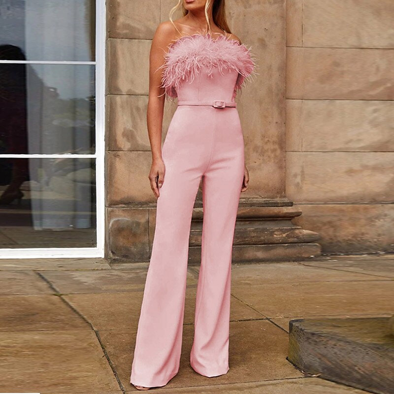 Shepicker Backless Feather Solid Color Strapless Elegant Party Jumpsuit