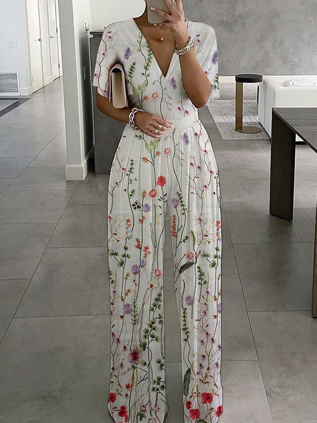 Shepicker Floral V Neck Party Flare Cuff Sleeve Jumpsuit