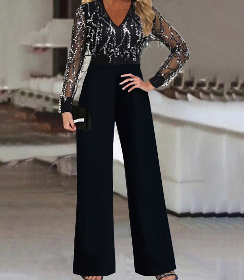 Sequin Solid V Neck Jumpsuit Long Sleeve Wedding Party