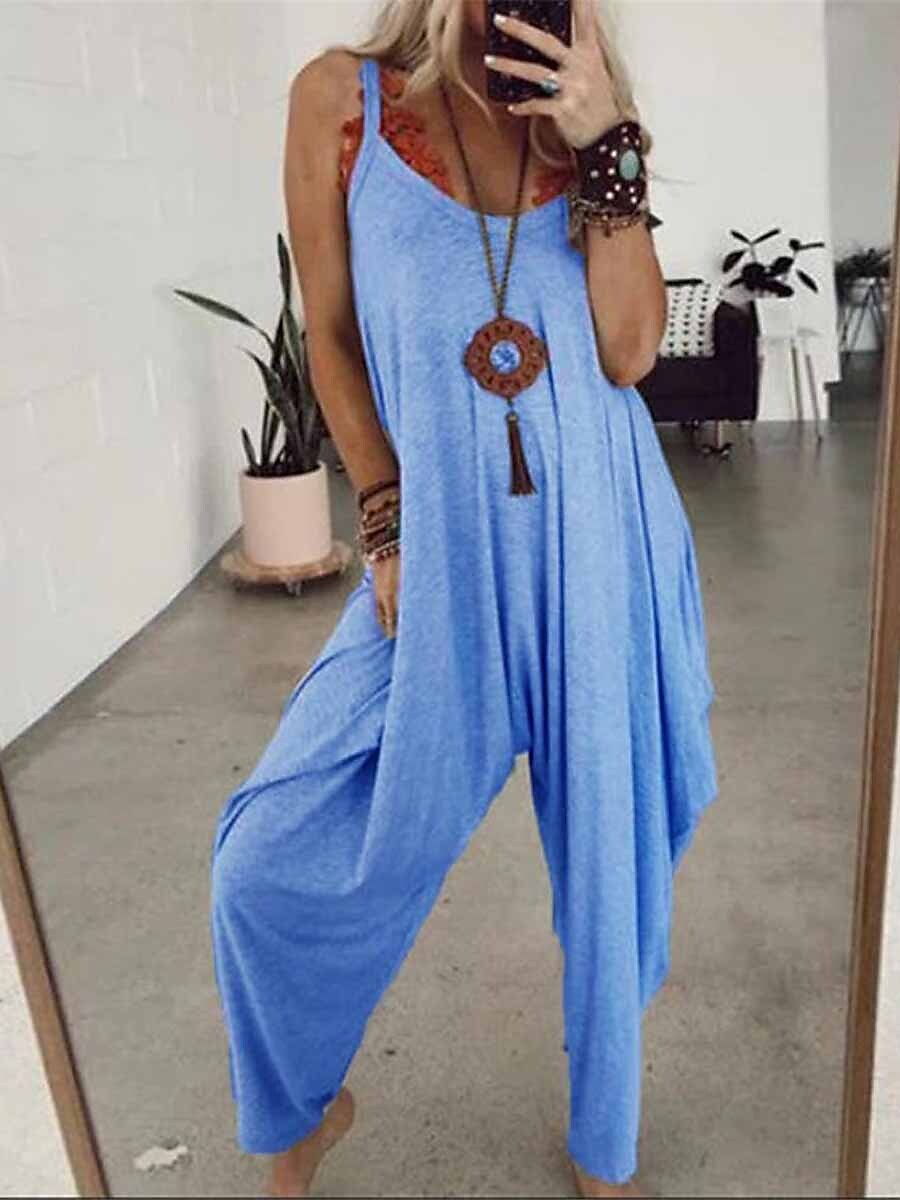 Shepicker Solid Color Active Street Daily Blue Jumpsuit for Women