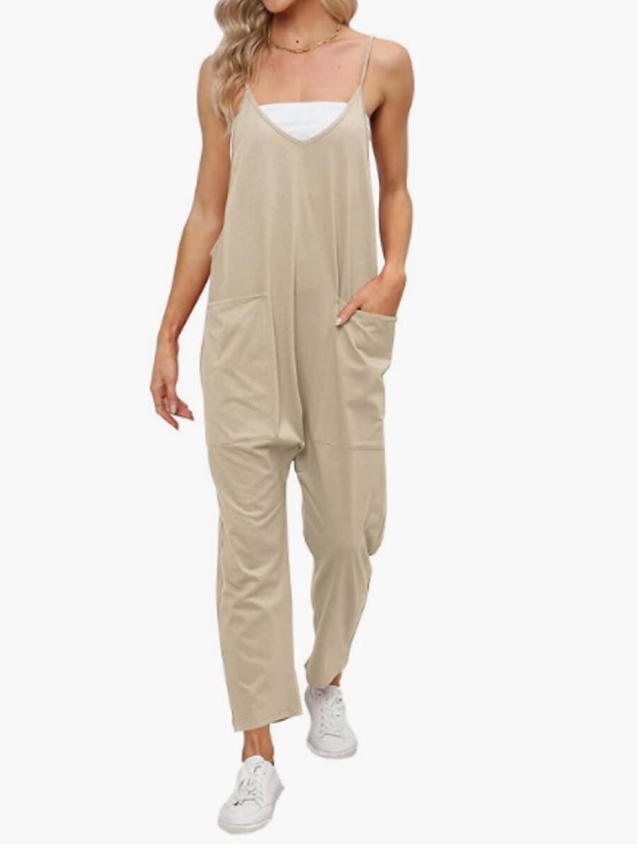 Shepicker Solid Color V Neck Basic Daily Sleeveless Jumpsuit