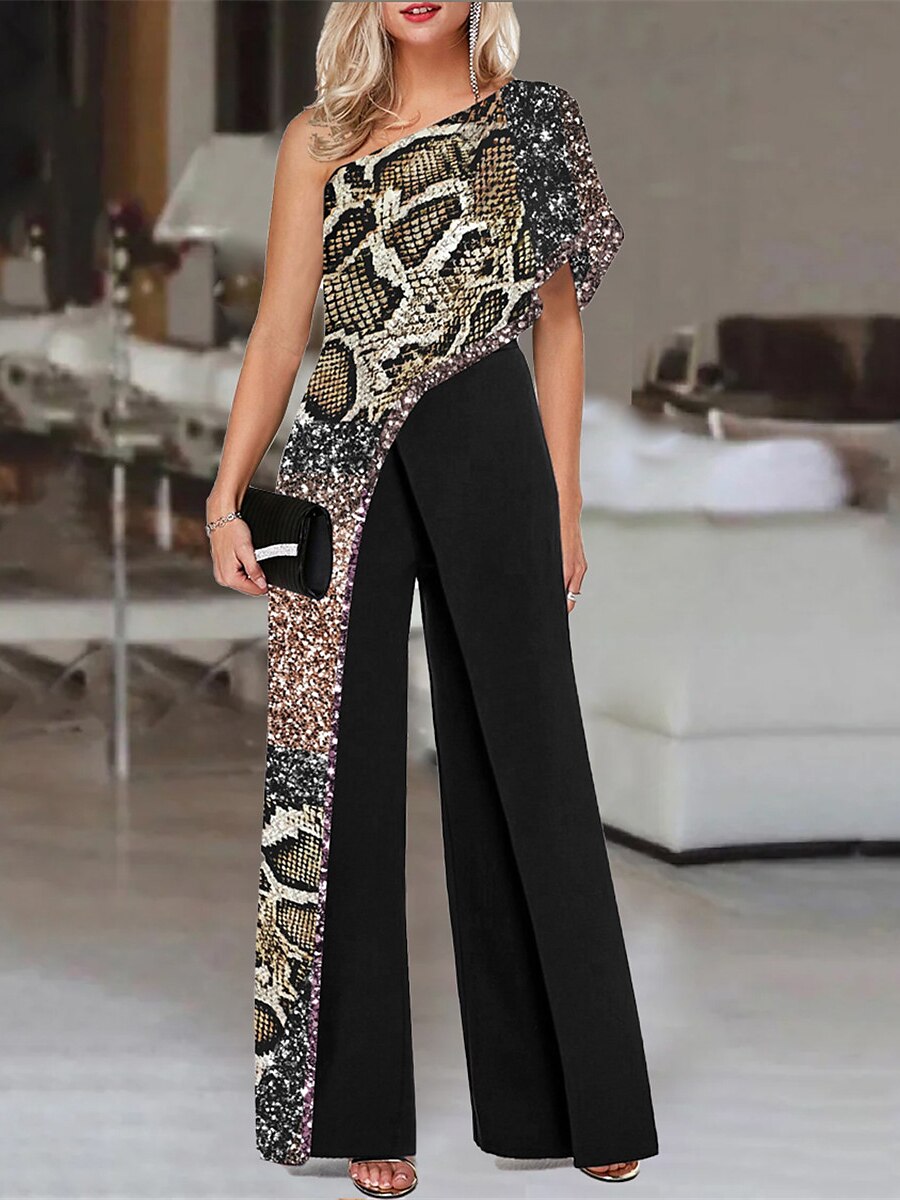 Shepicker High Waist Print Leopard One Shoulder Elegant Party Jumpsuit