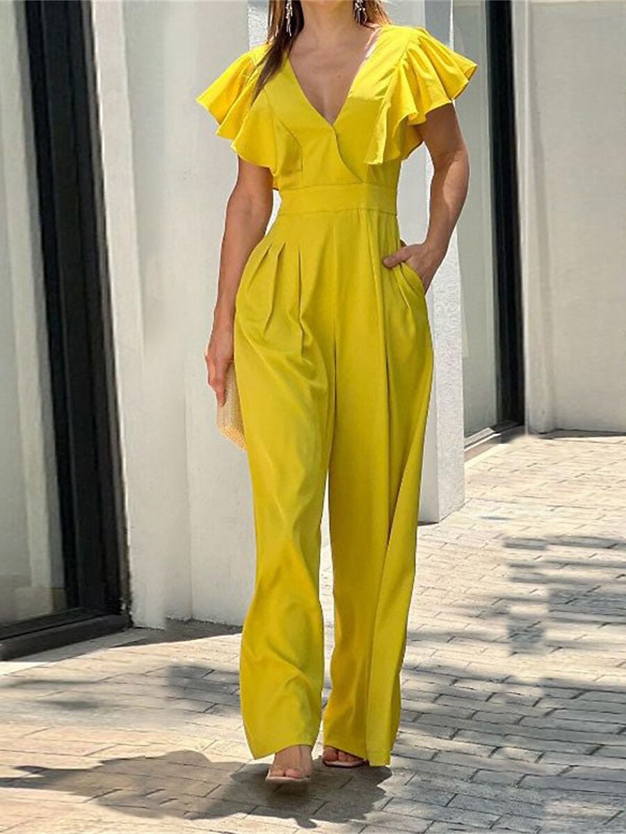Shepicker Pleated Ruffle Solid Color Holiday Short Sleeve Jumpsuit for Women
