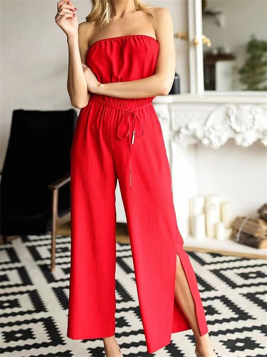 Shepicker Drawstring High Waist Solid Color Strapless Sleeveless Jumpsuit