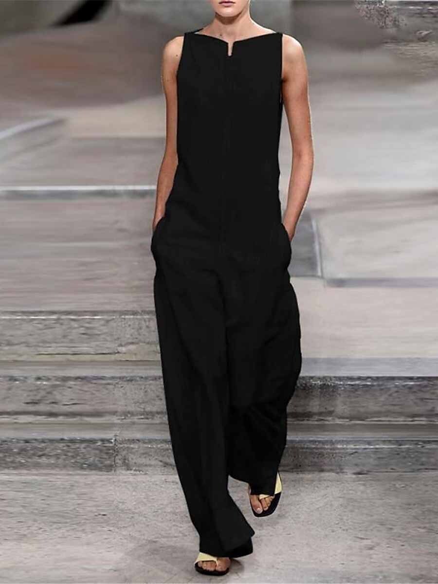 Shepicker Pocket Solid Color Crew Neck Sleeveless Jumpsuit