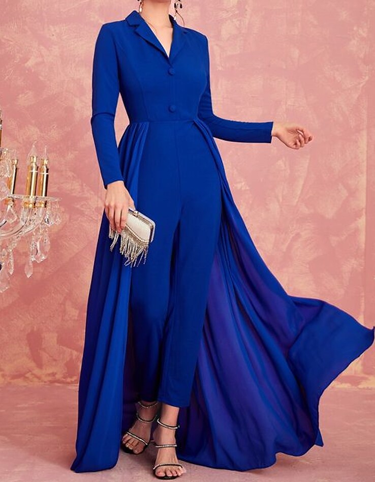 Shepicker Solid Color Shirt Collar Pencil Long Sleeve Party Jumpsuit