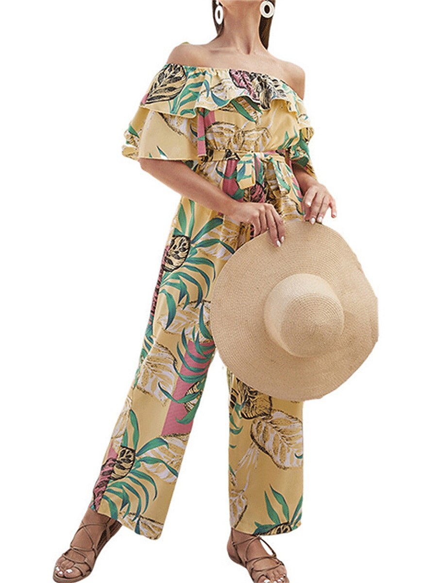 Shepicker Lace up Ruffle Floral Off Shoulder Holiday Jumpsuit for Women