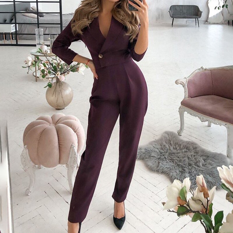 Shepicker Button Solid Color Shirt Collar Elegant Party Jumpsuit