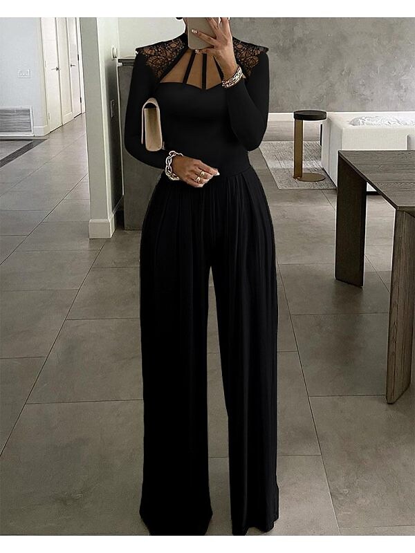 Shepicker Lace Solid Color Crew Neck Elegant Jumpsuit