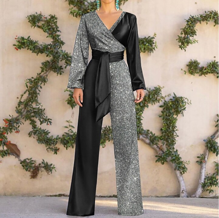 Shepicker Elegant Lace up Patchwork Color Block V Neck Party Jumpsuit