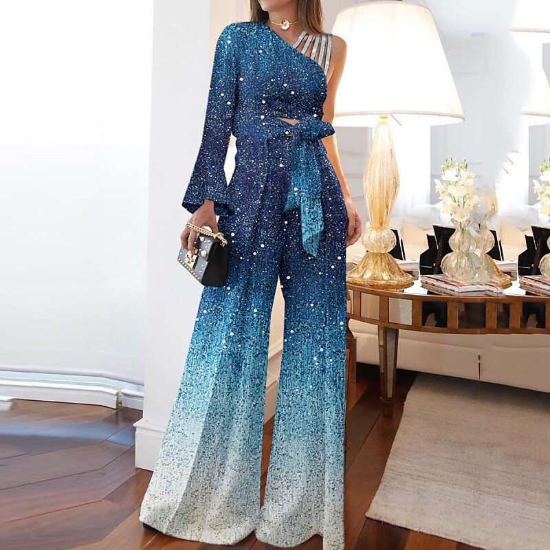 Elegant Cocktail Party Jumpsuit Lace up Print One Shoulder