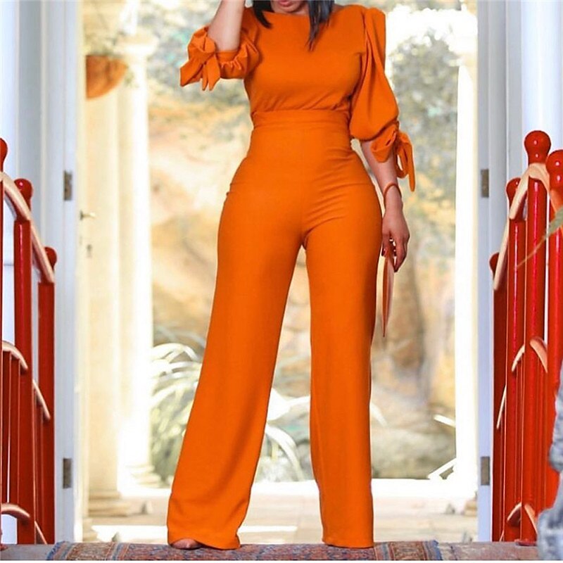 Shepicker Lace up Solid Colored Crew Neck Casual Jumpsuit