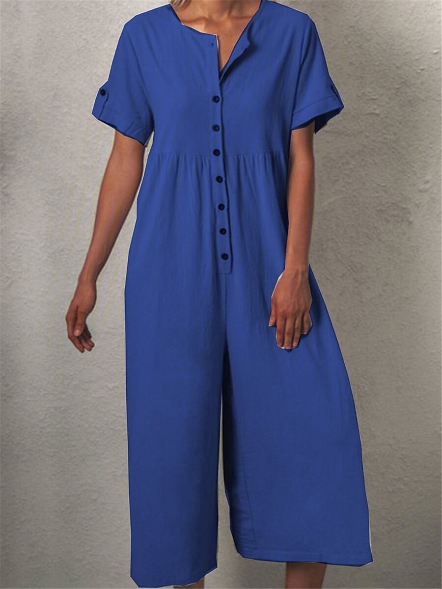 Shepicker Button Solid Color Crew Neck Streetwear Short Sleeve Jumpsuit