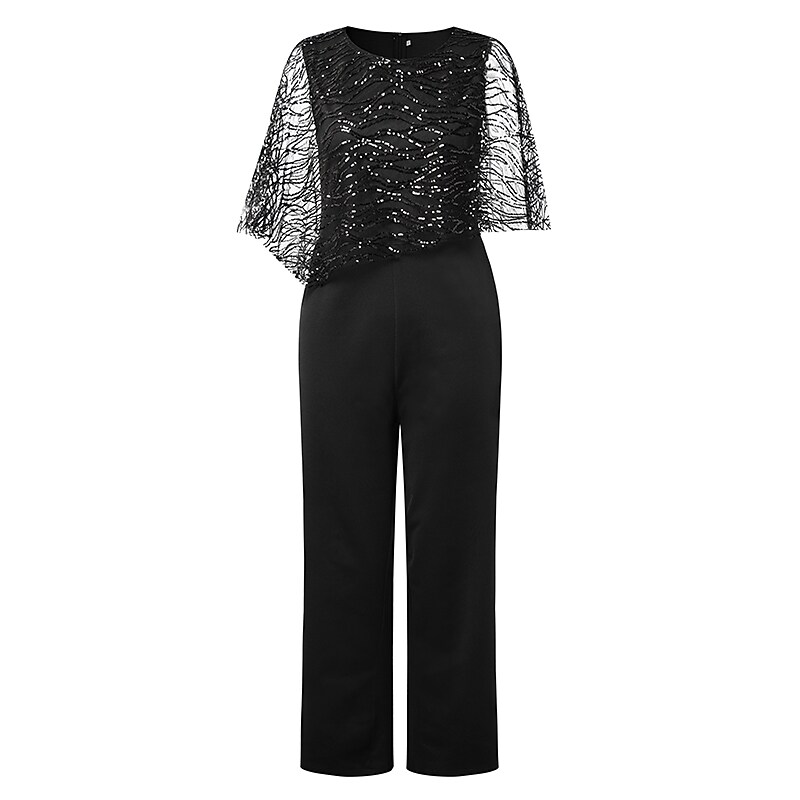 Shepicker Mesh Sequin Solid Color Crew Neck Party Half Sleeve Jumpsuit