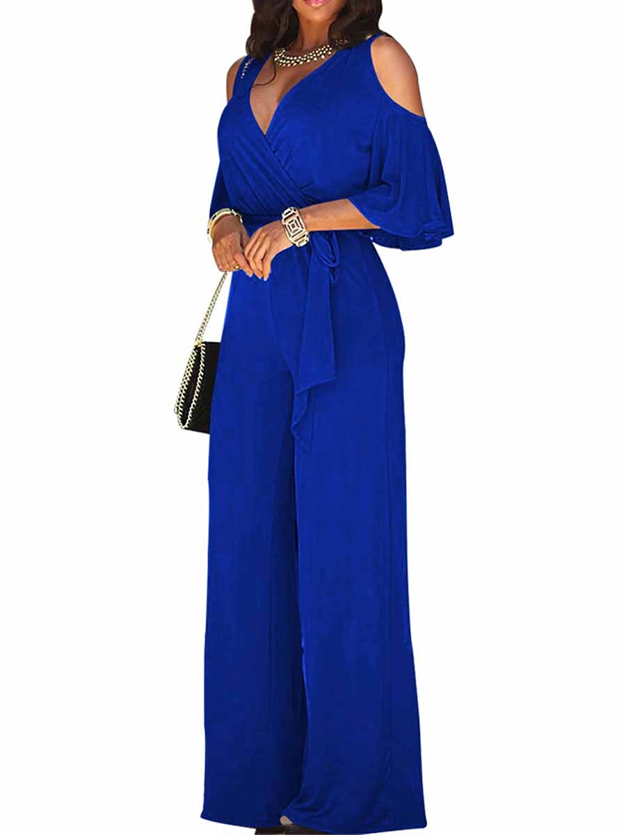 Shepicker Ruffle Cut Out Solid Color V Neck 3/4 Length Sleeve Jumpsuit
