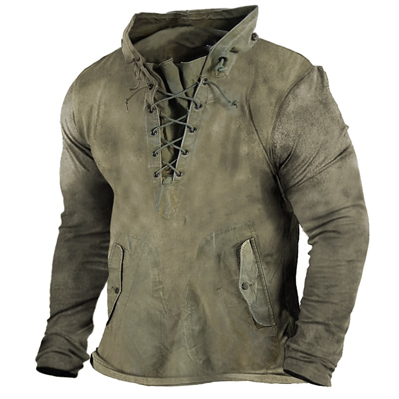 Vintage Stand Collar Lace up Casual Tactical Hoodies Sweatshirts