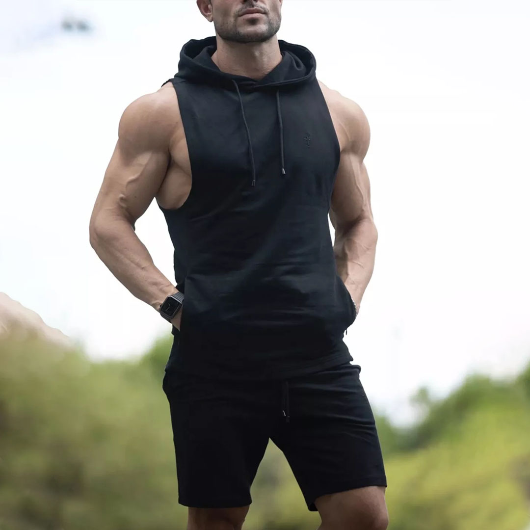 Men's Solid-Color Sleeveless Fitness Hoodie Suit