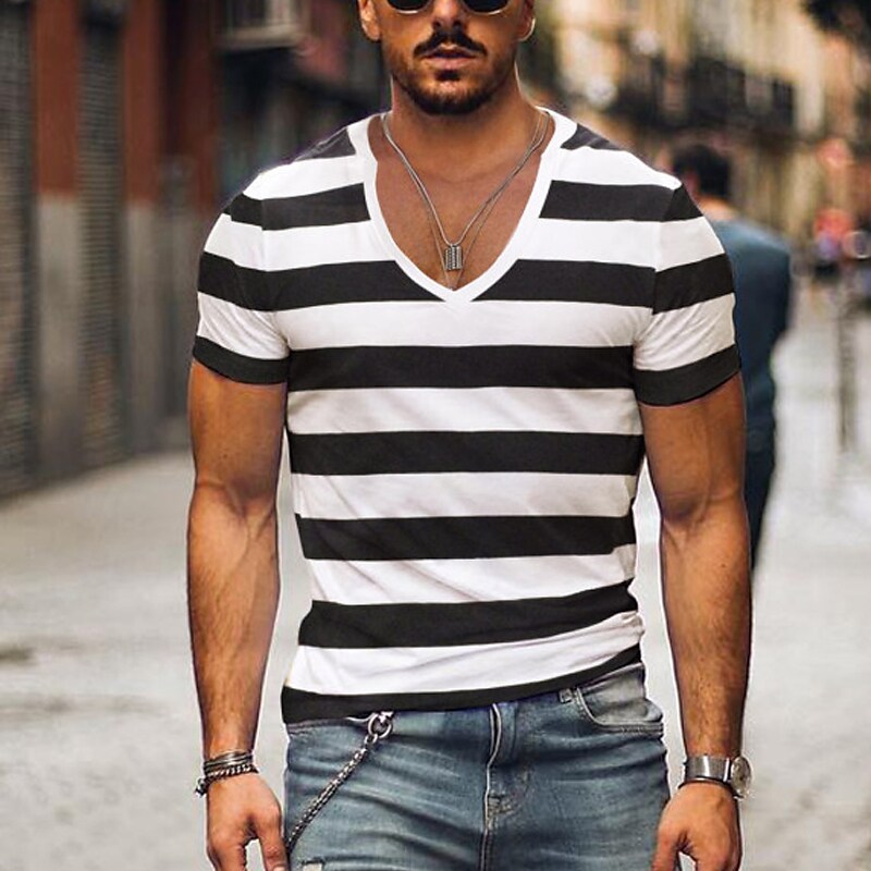 Men's  Striped V Neck Casual Basic T shirt