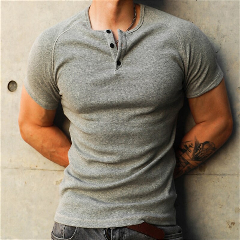 Men's Solid Color Button-Down Casual Henley Shirt