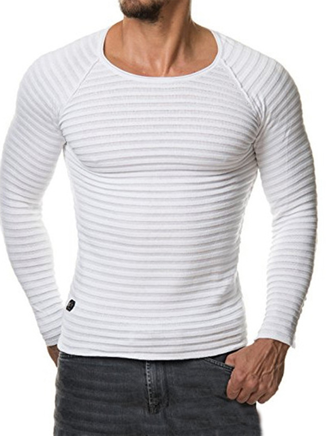 Men's Round Collar Striped Stretch T-shirt