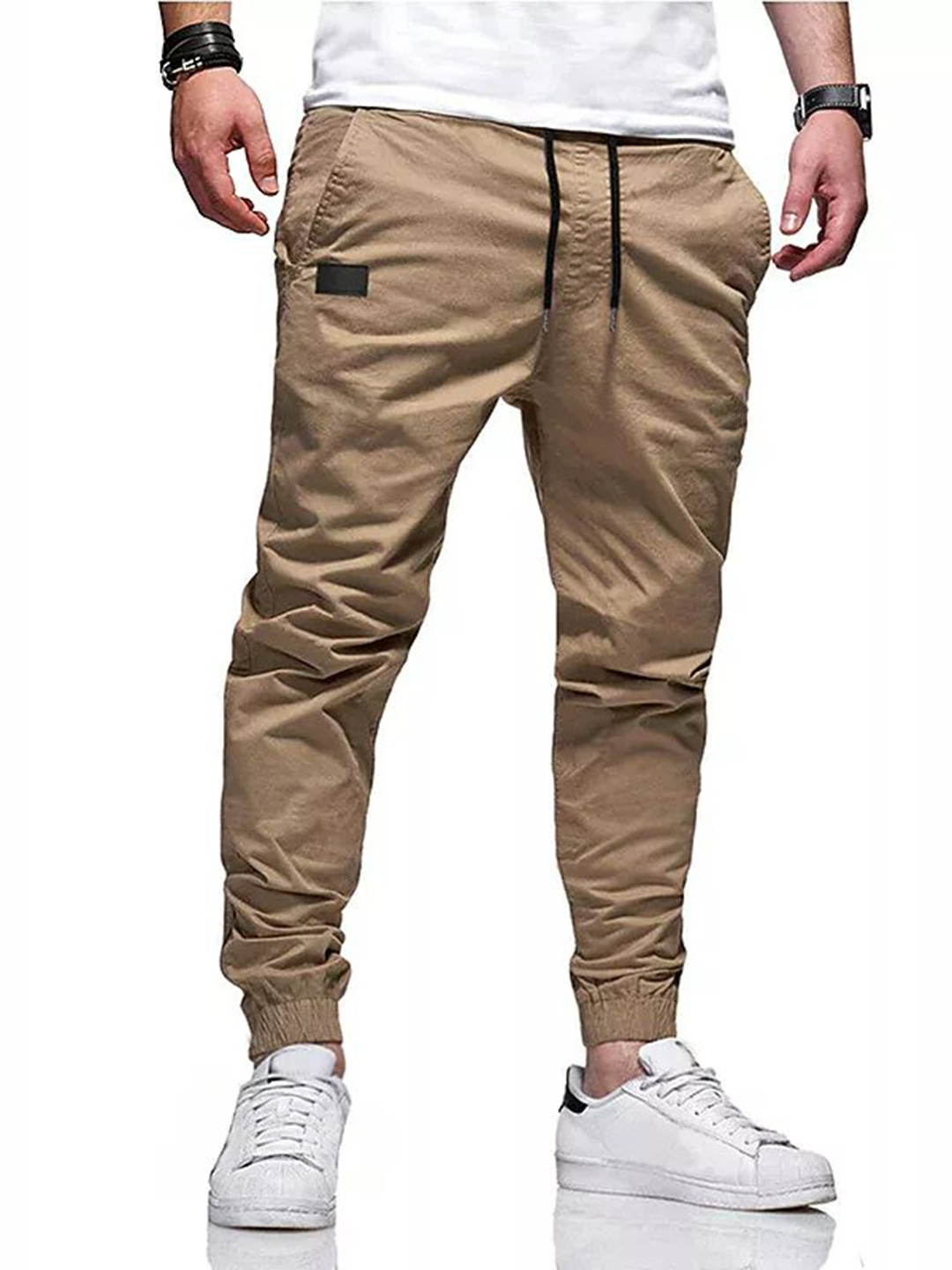Men's Solid Color Elastic Waistband Drawstring Pants
