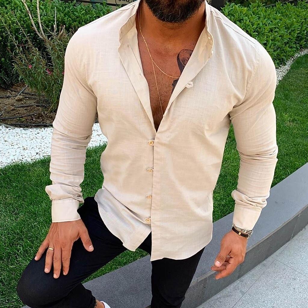 Men's Long-Sleeved Stand-up Collar Mixed Cotton Shirt