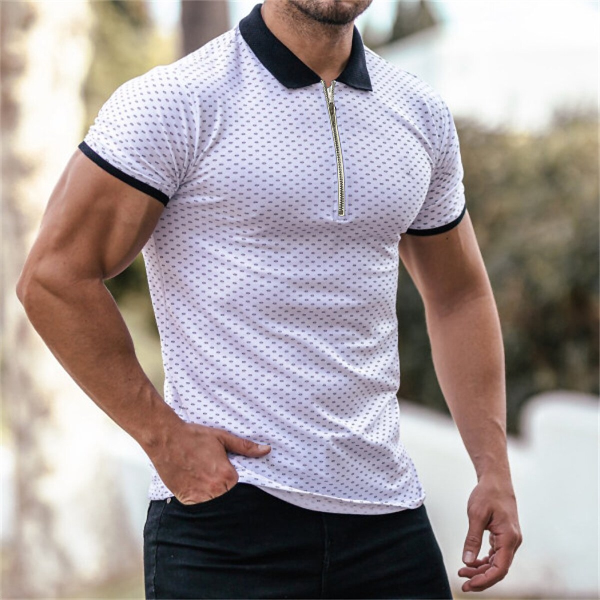 Men's Golf Shirt Color Block Turndown Casual Daily Zipper Short Sleeve Tops Casual Fashion Comfortable Sports White