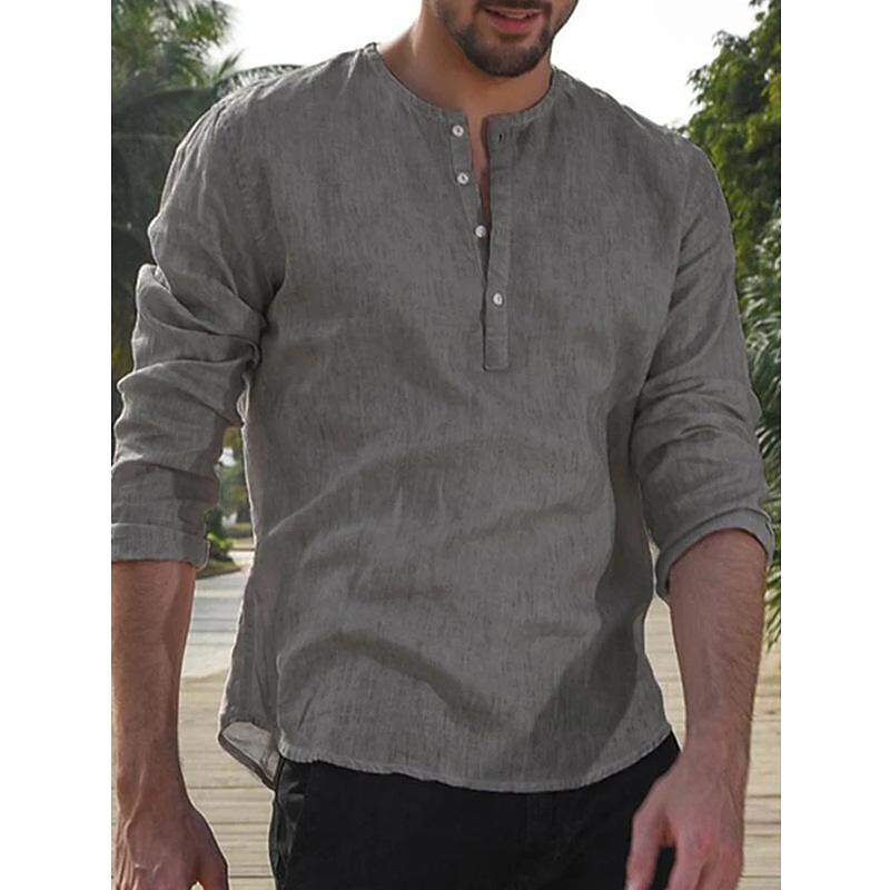 Men's Long-sleeved Solid Color Mixed Cotton Henry Shirt