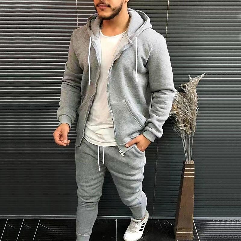 Men's Solid Color Casual Cardigan Running Suit