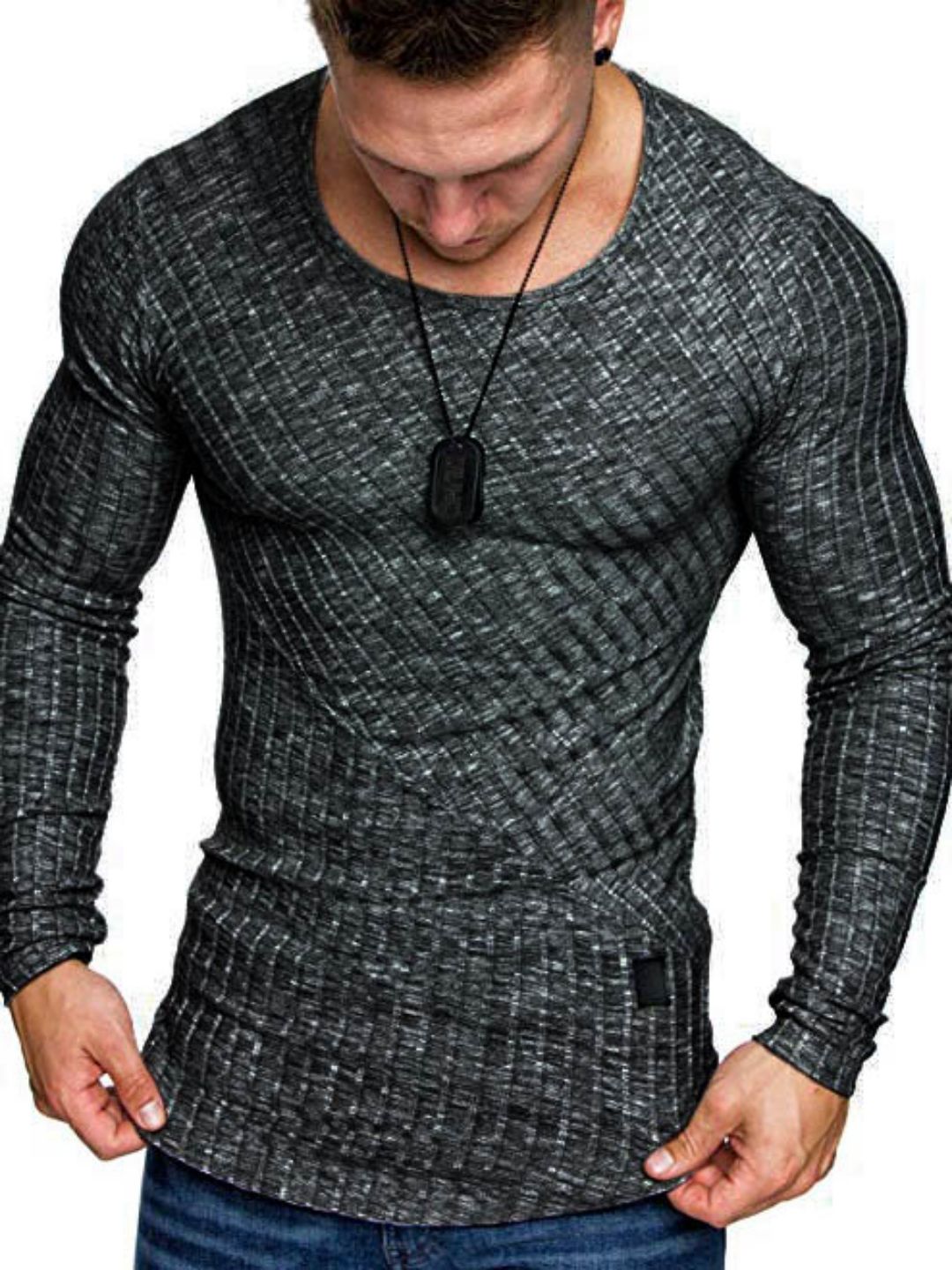 Men's Textured Round Collar Long-Sleeve T-shirt