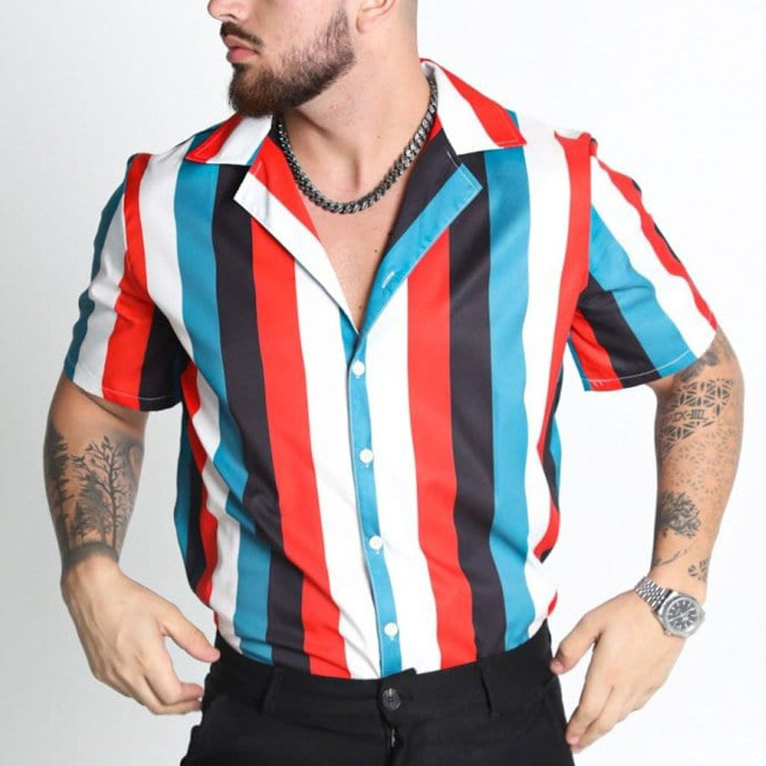 Men's 3D Printed Lapel Stripes Shirt