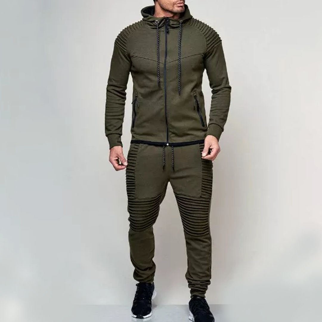 Men's Pleated Drawstring Hoodie Casual Sports Suit